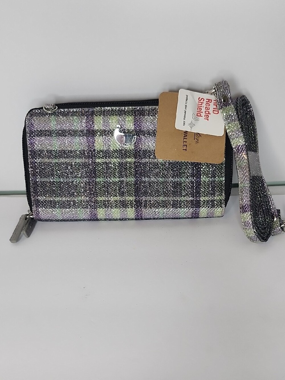 Plaid Metallic Wristlet Crossbody Wallet in Green and Purple